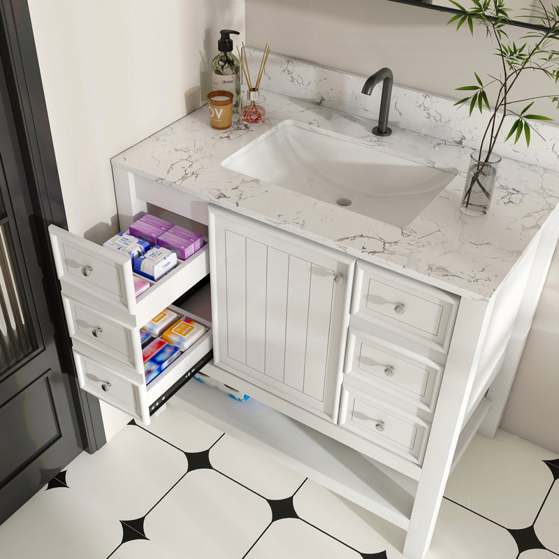 Ensemble de meuble-lavabo moderne 37 po avec plateau en marbre artificiel Carrara, armoire de salle de bain multifonctionnelle avec portes et tiroir, cadre solide et panneau de fibres à densité moyenne (trou de robinet simple)