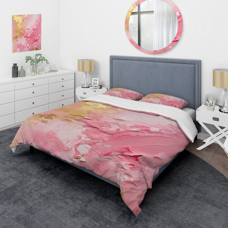 Ensemble de housse de couette rose et or, Housse de couette simple et deux taies décorative