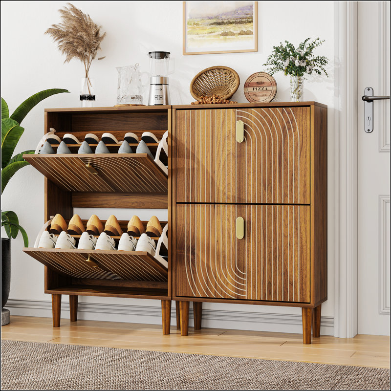Armoire de rangement pour chaussures compacte avec 2 tiroirs rabattables, conception rainurée et poignées en métal pour le vestibule, 23,6 /