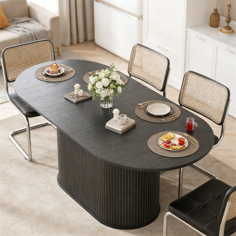 55.11"-70.86" Extendable Dining Table with Striped Legs, Black