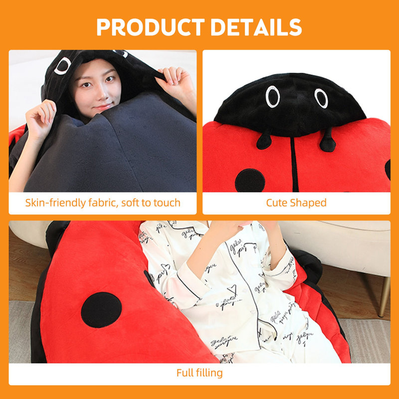 Coussin coccinelle portatif, mignon et chaud, en peluche amovible et surdimensionné (60 cm) pour enfants et adultes, pour soulager le stress