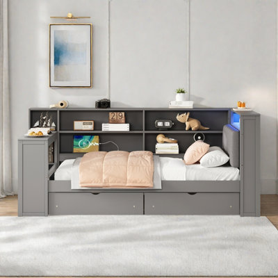 Wood Daybed With Storage Shelves, 2 Drawers, Charging Station, Led, Desk And Upholstered Headboard