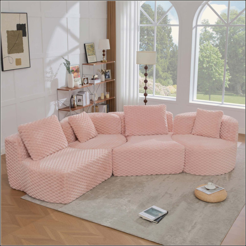 Canapé modulaire modulaire de 137,8 po sans os rembourré pour le salon, Pink Polyester
