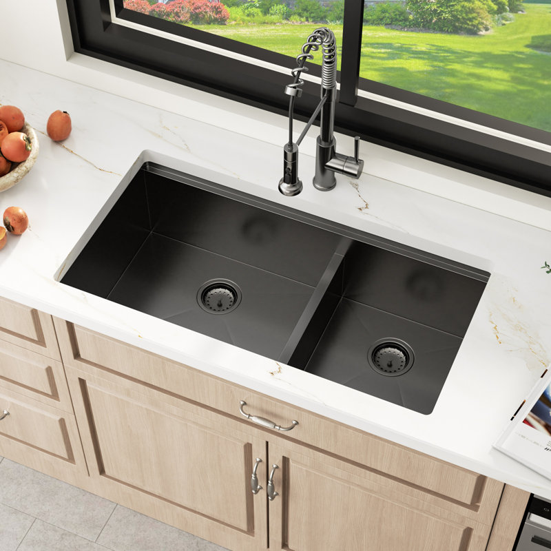 Évier de cuisine encastrable à double cuve avec accessoires, H 10 po x L 33 po x l 19 po, Gunmetal Black