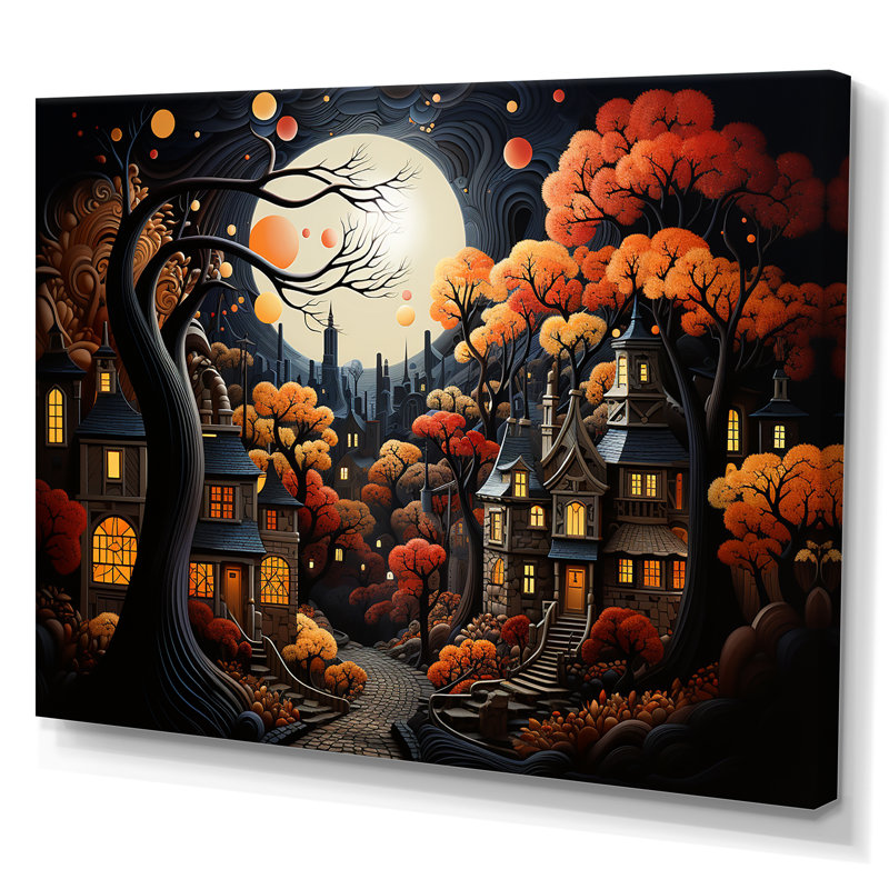 Cozy village in Autumn Moonlit IV - Art mural art déco urbain, Toile tendue, H 24 po x l 32 po x P 1 po