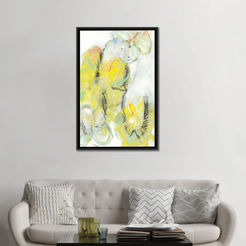 « yellow floral abstract ii », impression sur toile, H 26 po x l 18 po x P 1,5 po, Toile avec cadre noir, Pas de tapis