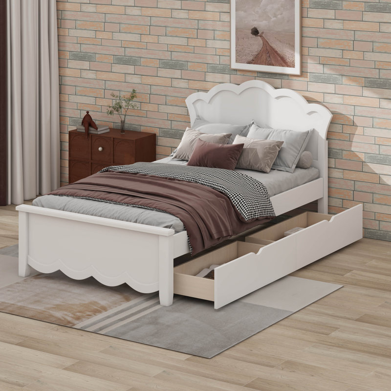 Lit plateforme en bois avec tête de lit fleurie et deux tiroirs Cadre de lit en bois élégant et fonctionnel, Lit simple