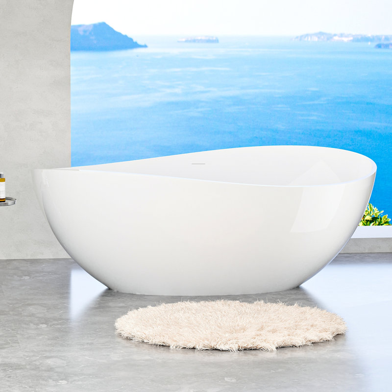 Baignoire autoportante en résine de 63 po, blanc brillant, avec bonde escamotable et baignoire relaxante blanche de luxe avec trop-plein pour salle de bain moderne