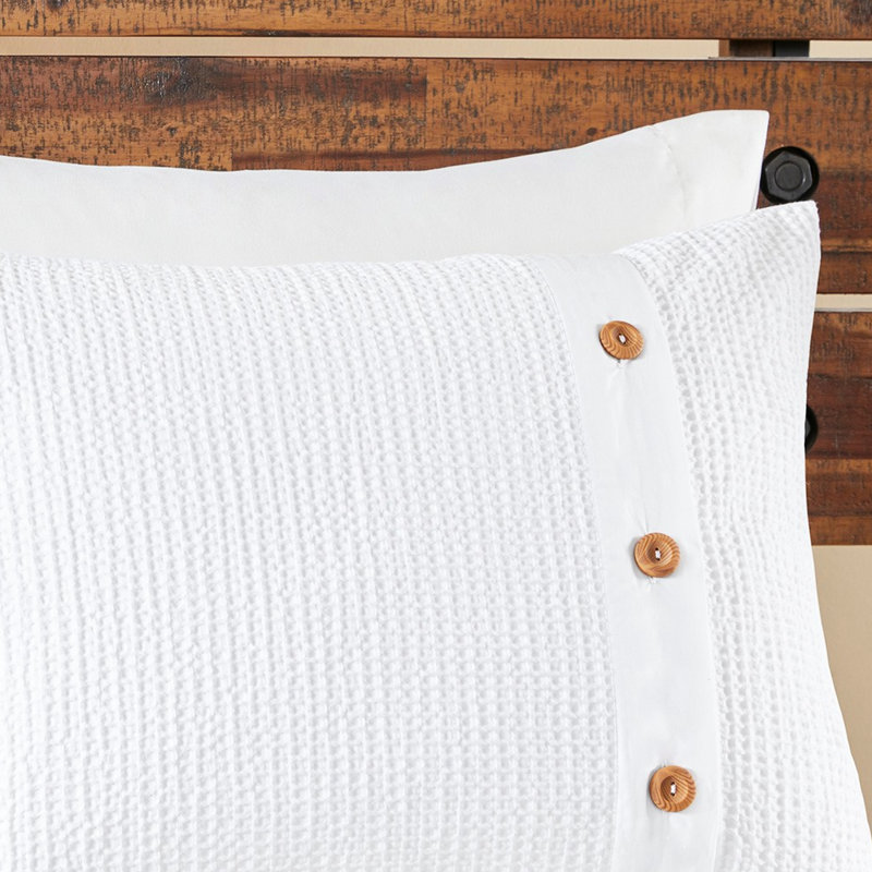 Édredon blanc tissé gaufré en coton - 3 pièces, lavable à la machine, boutons décoratifs en bois élégants pour une chambre à coucher fraîche 100% literie de charme