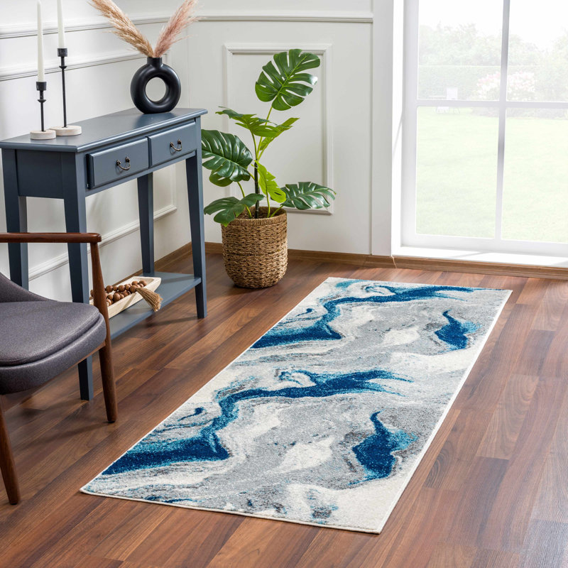 Rectangle Bryian Abstract Power Loomed Polypropylene Area Rug in Blue/Grey/Beige, Runner 2'7" x 7'3"