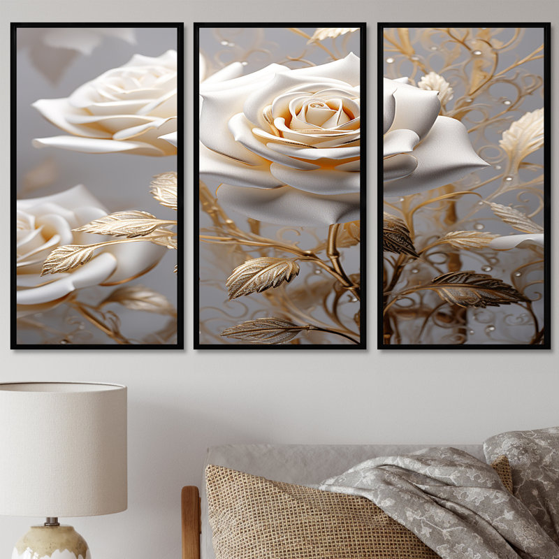 «White Rose Golden Leaves On Grey II - Roses», ensemble d'art mural, Cadre flottant noir, H 40 po x l 60 po x P 1 po
