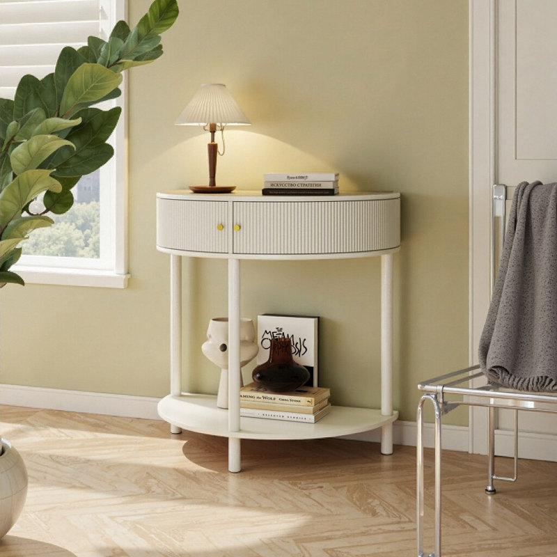Console demi-lune fabriquée à la main à motif de vagues avec finition blanc crème et rangement pour le vestibule et le salon