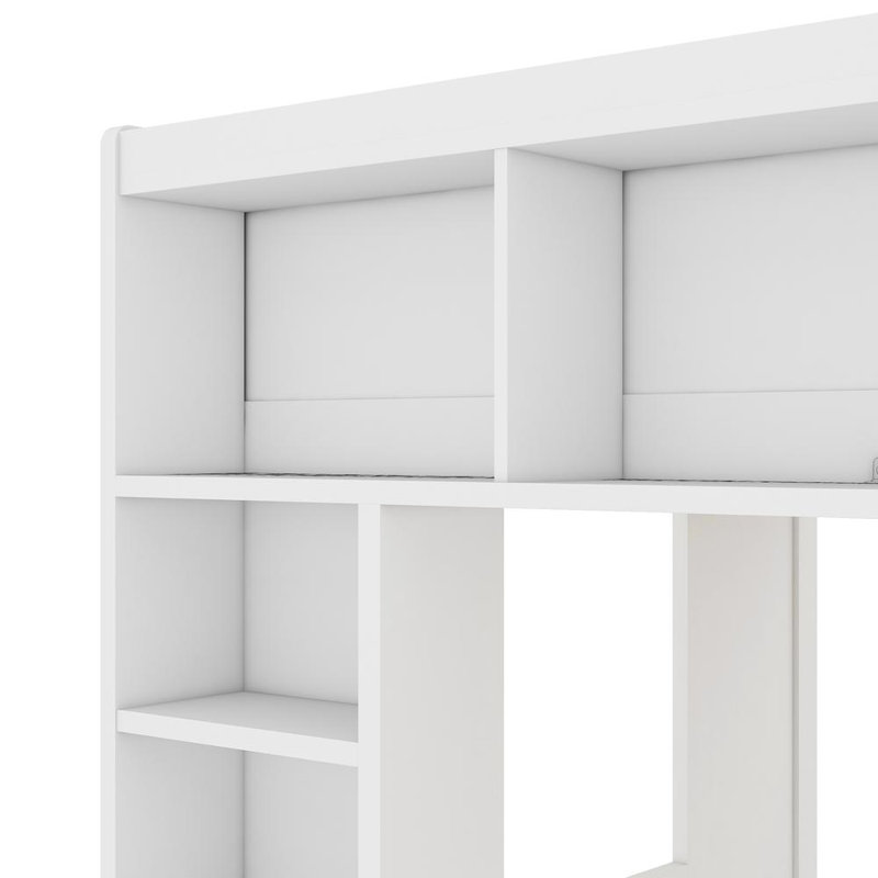 Grand lit mezzanine en bois avec armoires de rangement et tablettes, Blanc
