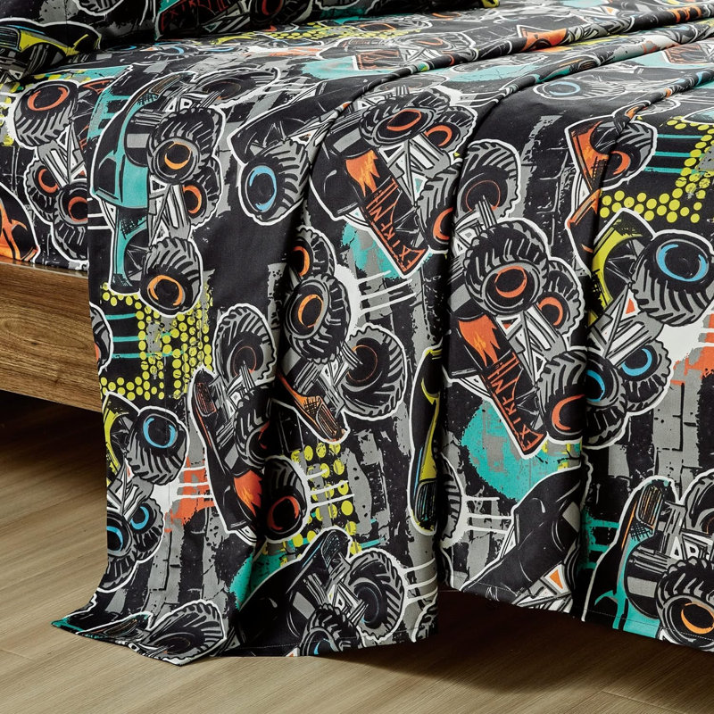 Fun Kids Teens Microfiber Sheet Set, Blue/Green Monster Trucks, Queen Sheet Set with 2 Pillowcases