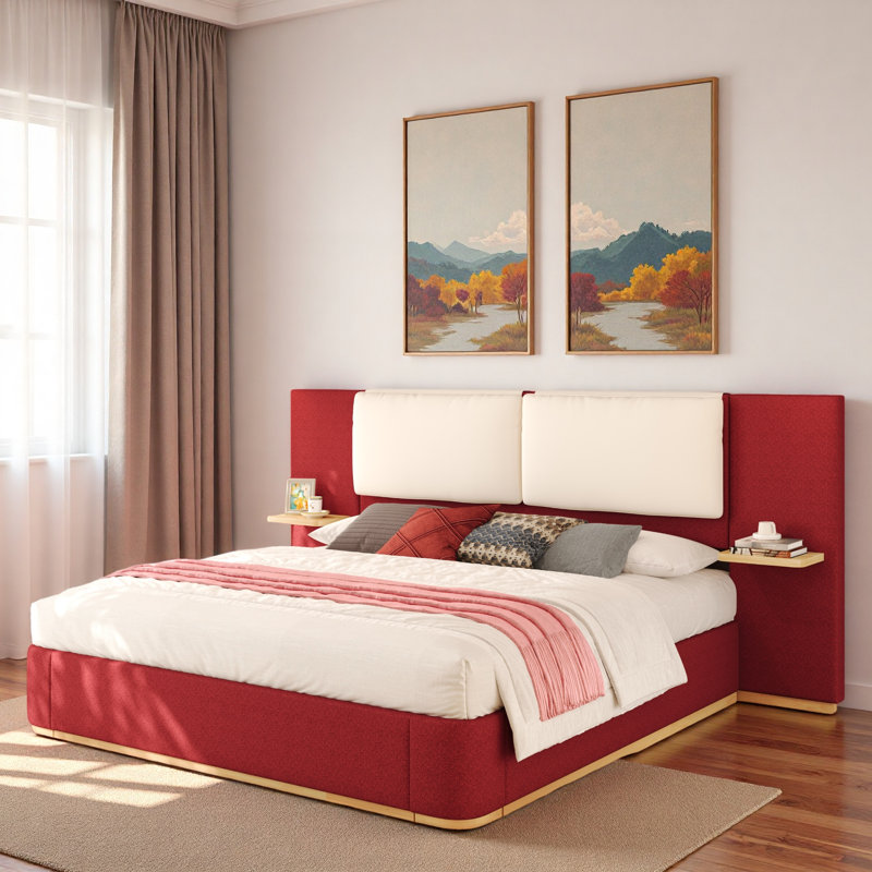 Lit plateforme tapissier avec tablettes, Rouge, Grand lit