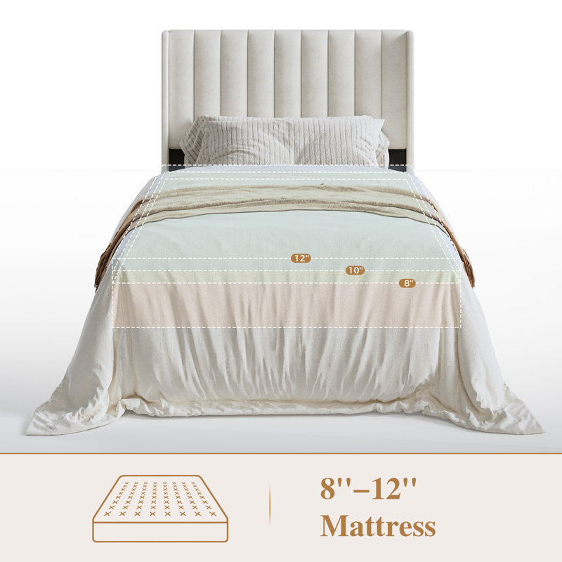 Structure de lit tapissier à oreilles avec table de chevet cannelée, ensemble de mobilier de chambre à coucher, Beige, Twin
