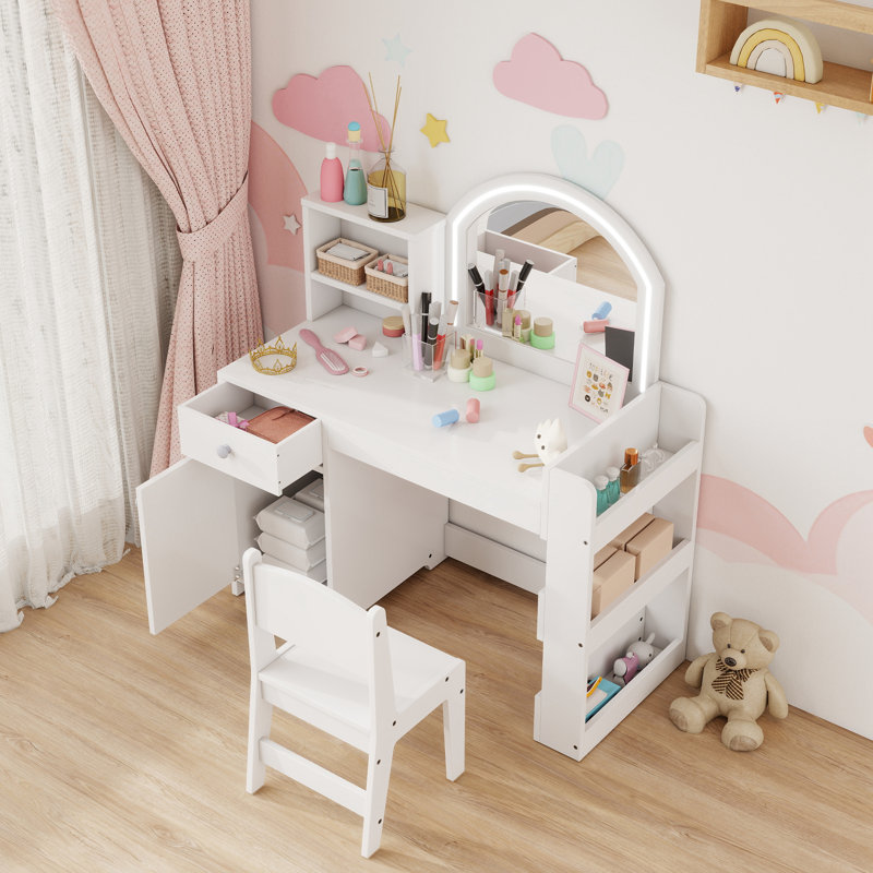 AIYAPLAY Kids Dressing Table with Mirror and Stool Ages 3-8 Years White
