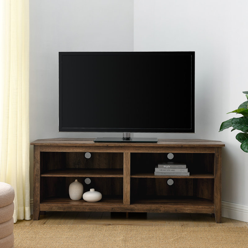 Kneeland 58" Corner Open Storage TV Stand for TVs up to 65", Rustic Oak