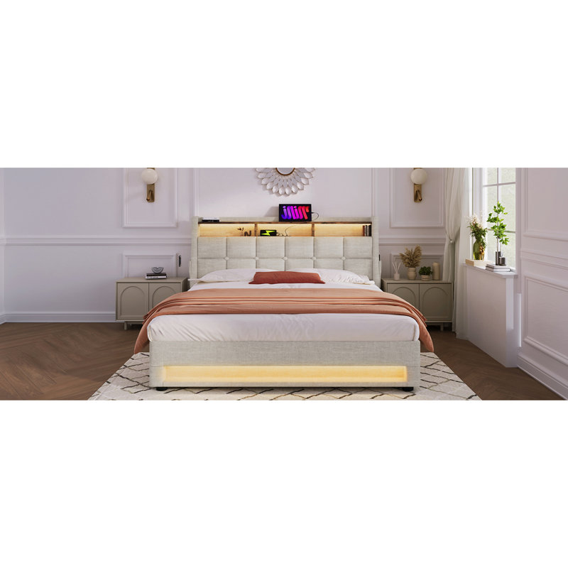 Lit double avec système hydraulique, éclairage à DEL avec tête de lit en lin naturel et port, Naturel, Lit double