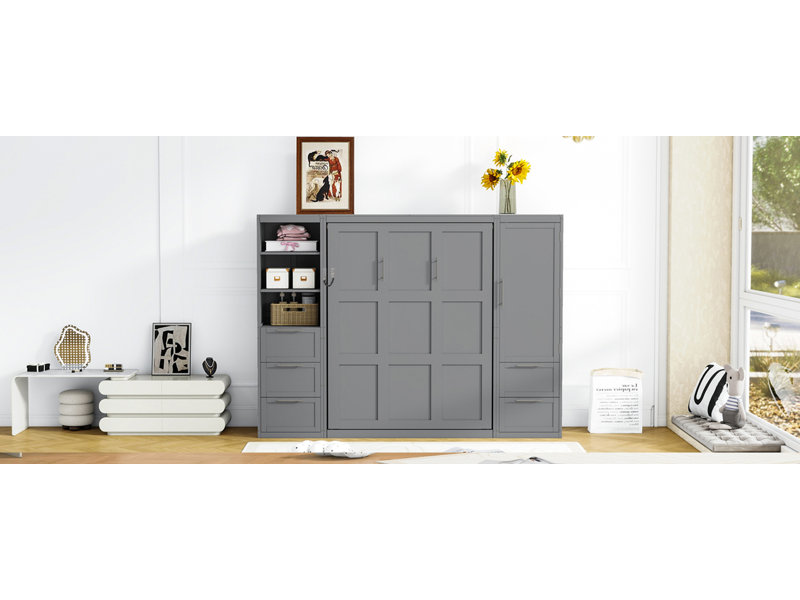 Grand lit escamotable mural avec placard, tiroirs et tablettes, gris, Gris