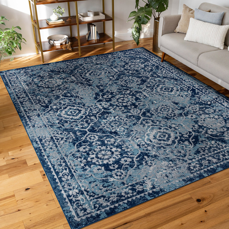 Tapis bleu / crème Ezralynn, Rectangle 5 pi 3 po x 7 pi 3 po