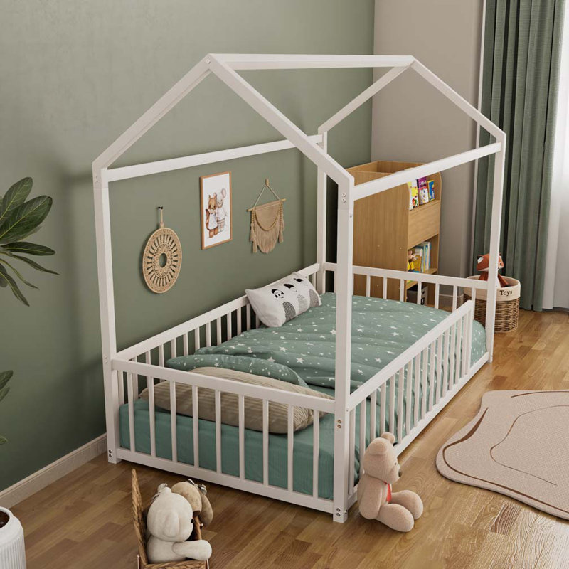 Structure de lit en métal, lit en forme de maison avec clôture, Twin, Blanc