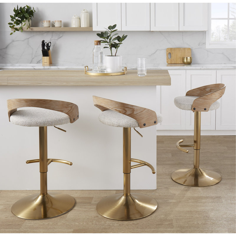 Tabouret ajustable avec pivot en métal doré, bois blanchi et tissu avoine avec repose-pieds arrondi en T - ensemble de 3