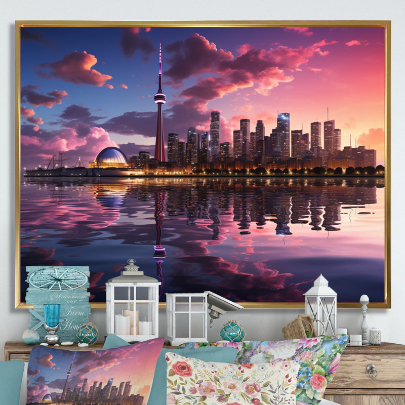Mauve Toronto par nuit - imprimé, H 16 po x l 32 po x P 1 po, Cadre flottant doré