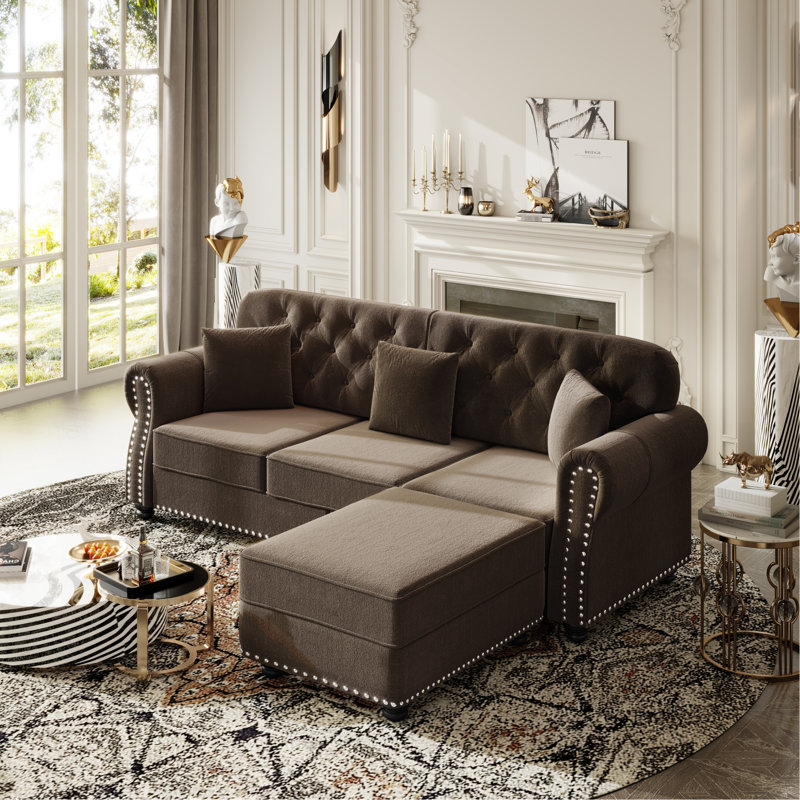 Velours brun moderne Mid-Century 4 avec garniture cloutée, bouton, roulé et inclus, conçu pour la vie quotidienne des années à venir