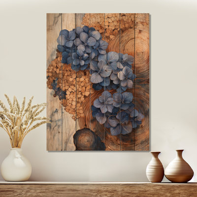 Turquoise hortensias sur glissoire en bois II - Art mural en bois d'hortensias - sur bois de pin naturel