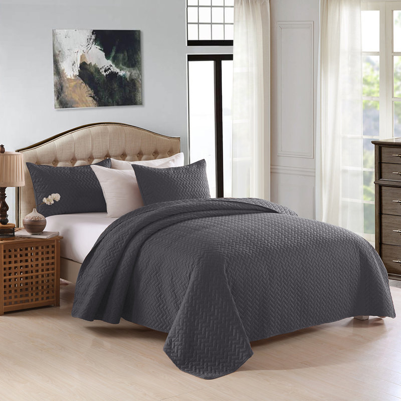 Ensemble de courtepointe réversible en microfibre 3 pièces , Courtepointe très grand + 2 très grandes taies d, Gris foncé