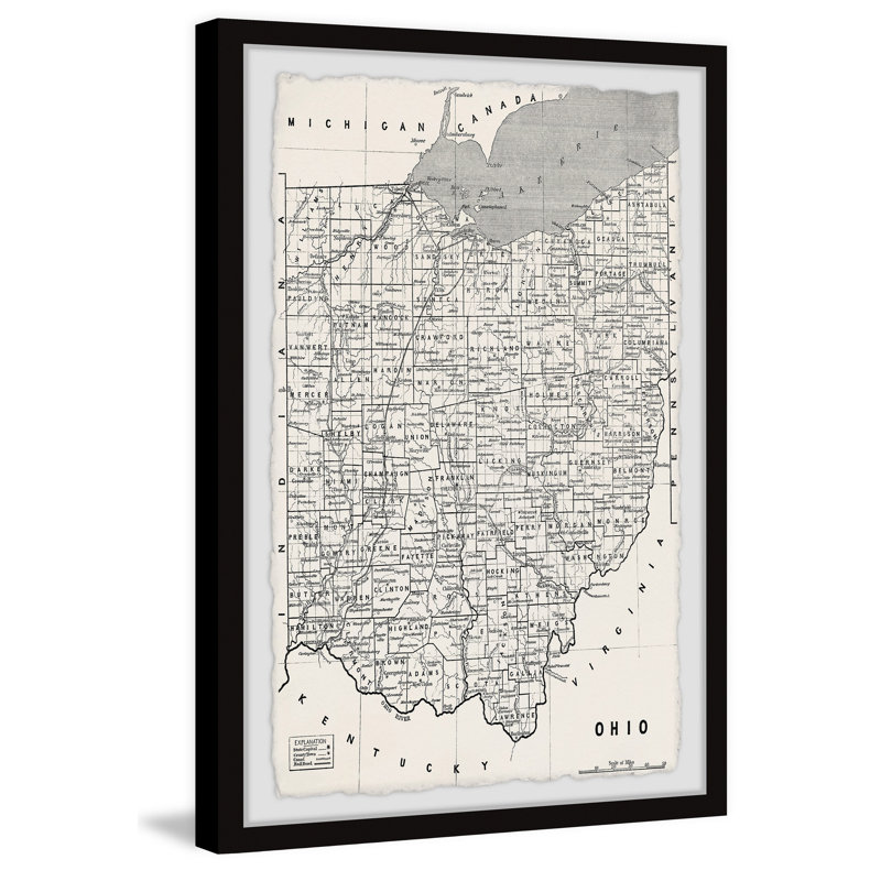 «Map of Ohio Counties» - Impression sur papier encadrée, H 45 po x l 30 po