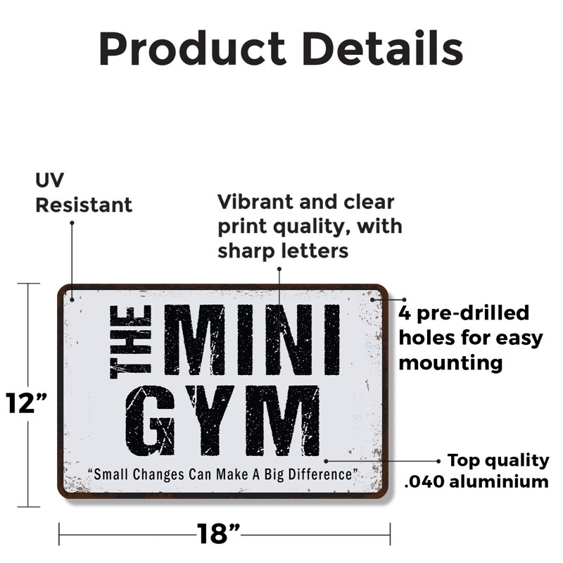 Mini-enseigne de style rétro en aluminium patiné 12 po x 18 po Mini Gym
