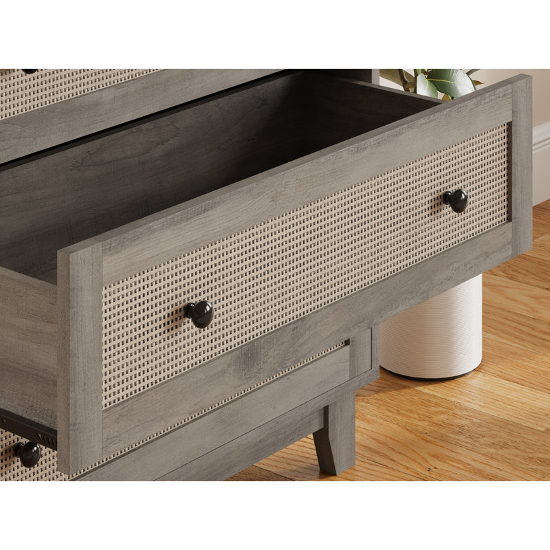 Commode 3 tiroirs, commode, poignées en bois Boho, Gris