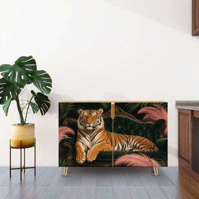 Sideboard Buffet Cabinet with Storage Regal Tiger Resting Ornate Green Velvet Sofa Tropical Leaves Pink with 2 Doors for Living Room and Kitchen