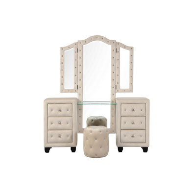 Ensemble de meuble-lavabo capitonné en cristal de style moderne avec 6 tiroirs et tabouret, fini avec un tissu en velours fait de bois crème (NJ Stock)