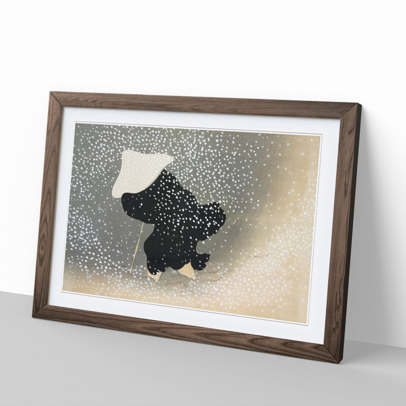 Man in a Snow Storm by Kamisaka Sekka - Picture Frame Painting, Walnut Framed, 36cm H x 48cm W x 2cm D
