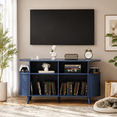 Tourne-disque rond, armoire de rangement en vinyle, bleu Mid-Century moderne