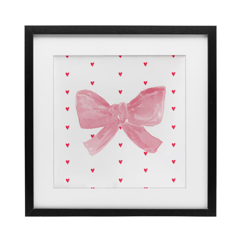 «Pink Bow on Hearts», reproduction sous verre encadrée, design par Lucille Price, H 13 po x l 13 po, Cadre noir minuit