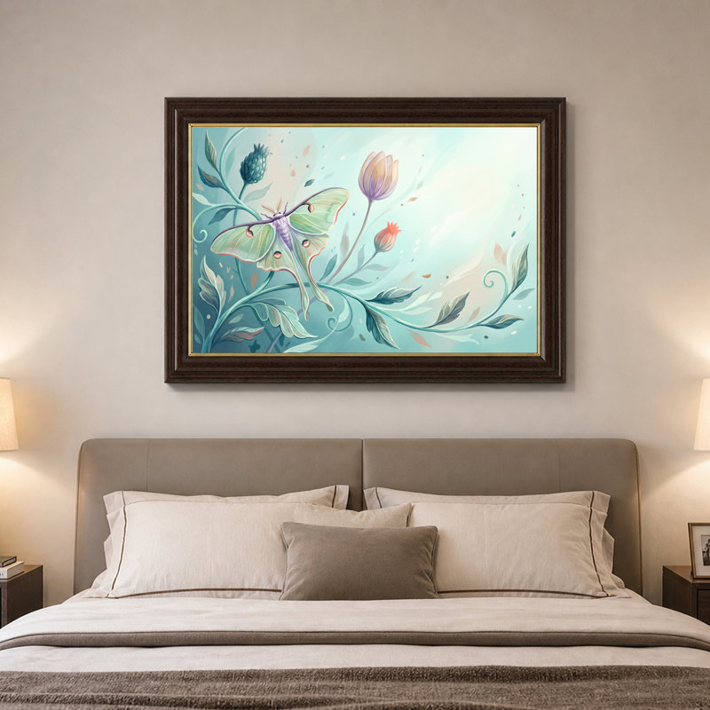Art mural sur toile Green Luna Moth entouré de fleurs et de feuilles pastel, 16"H x 24"W