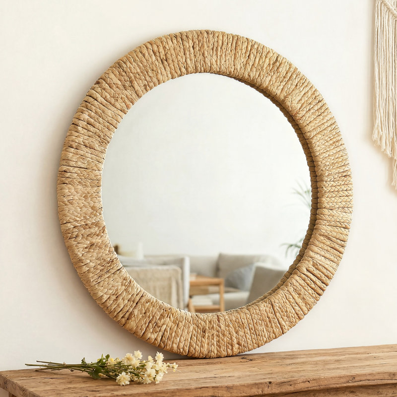 Miroir mural rond tissé à la main, style rustique rustique, idéal pour le salon, la chambre à coucher et la salle de bain