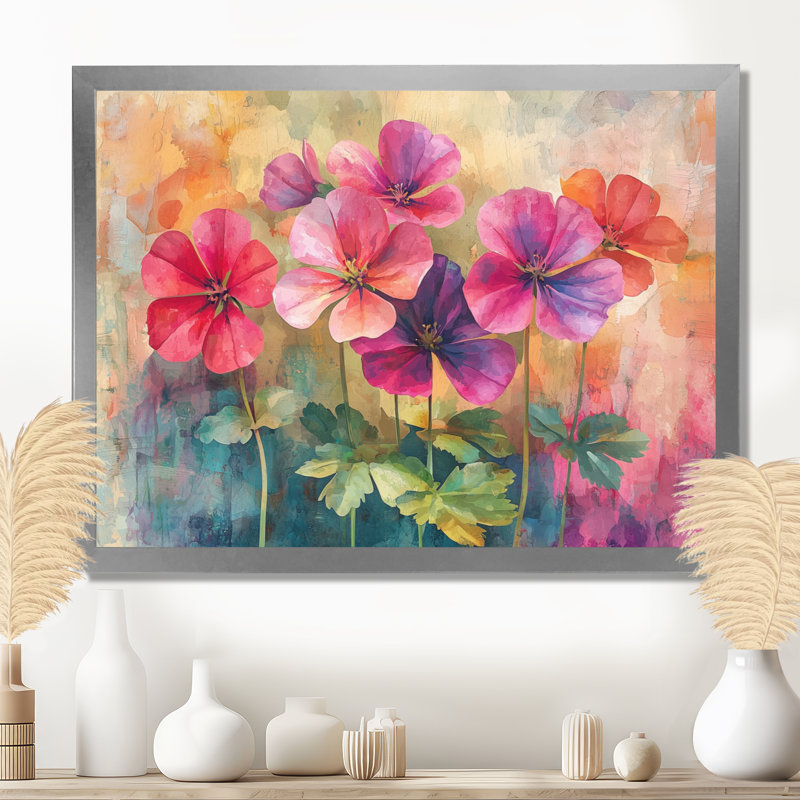 Neon Geranium Fields Pop Art II - Geraniums, art mural sur toile, Argent argent, Cadre simple, H 34 po x l 44 po