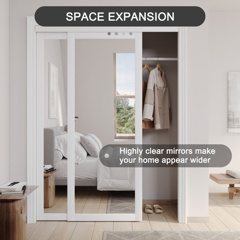 80 in. 1 Lite Mirrored White Sliding Closet Door with Hardware Kit, 2, 48" x 80"