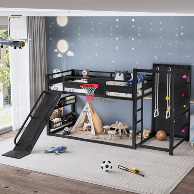 Twin XL Size Metal Loft/Bunk Bed With Basketball Hoop, Pull-Up Rings, Climbing Wall, And Built-In Bookshelves. Playful Children's Design Featuring A Slide,Black.