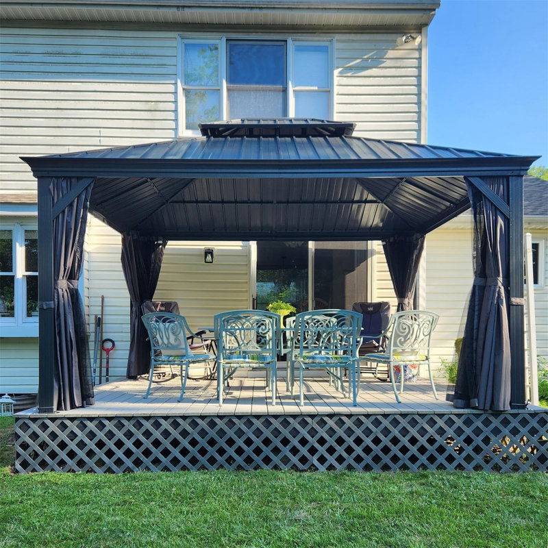 12' X 14' Hardtop Gazebo Permanent Aluminum Outdoor Gazebo With Galvanized Steel Double Roof, Drainage Gutters, Curtains, And Netting For Party, Wedding, Dining