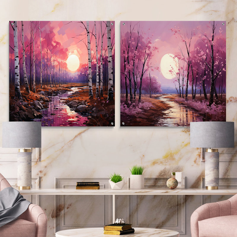 «Birch Woods Pink Symphony I», ensemble de 2 peintures murales en acrylique, H 36 po x l 73 po