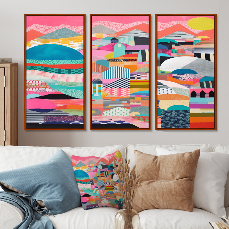 Ensemble de salon mural Billerica - Collages abstraits, Cadre flottant brun, H 40 po x l 60 po x P 1 po