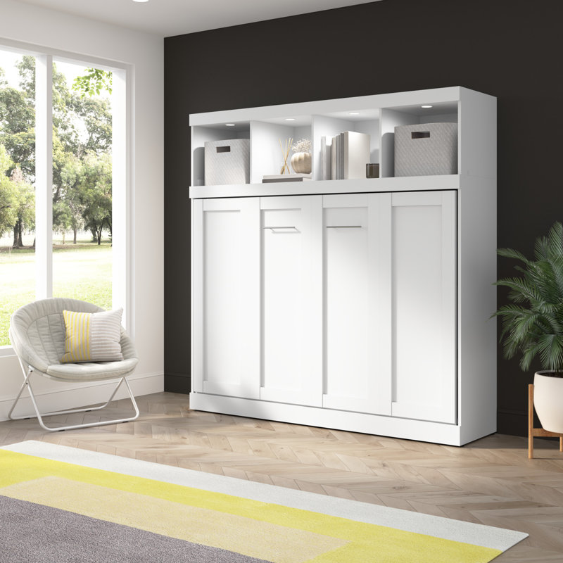 Lit escamotable horizontal 80W avec rangement supérieur en blanc 80W, Lit double, Blanc