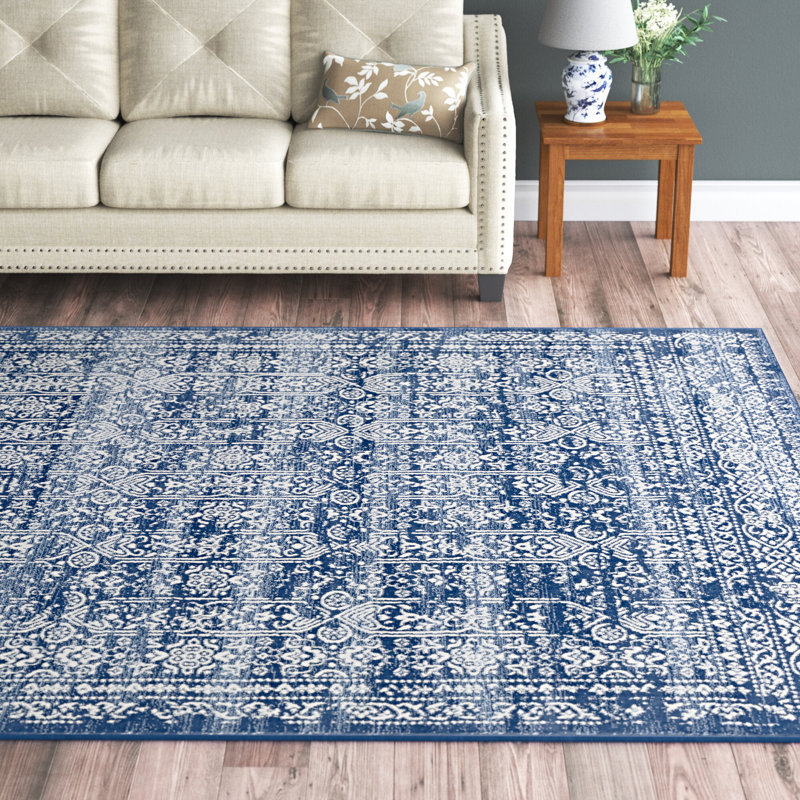 Tapis rayé bleu foncé / blanc Shyann, Rectangle 9 pi x 12 pi 3 po