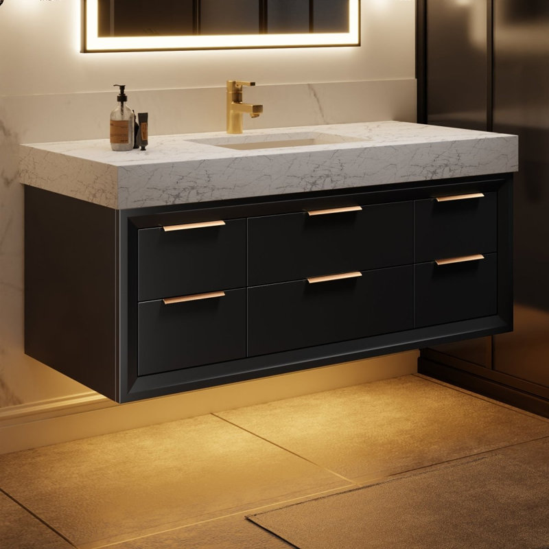 Meuble-lavabo mural simple de 48 po avec comptoir en pierre Melora, lumière DEL et tiroirs à fermeture en douceur, design moderne